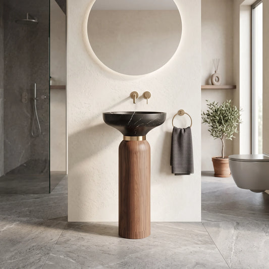Round Free Standing Artificial Stone Basin - Black in a room setting