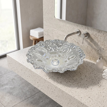 Flower Shaped Glass Basin c/w Waste - Transparent in a room setting