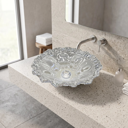 Flower Shaped Glass Basin c/w Waste - Transparent in a room setting
