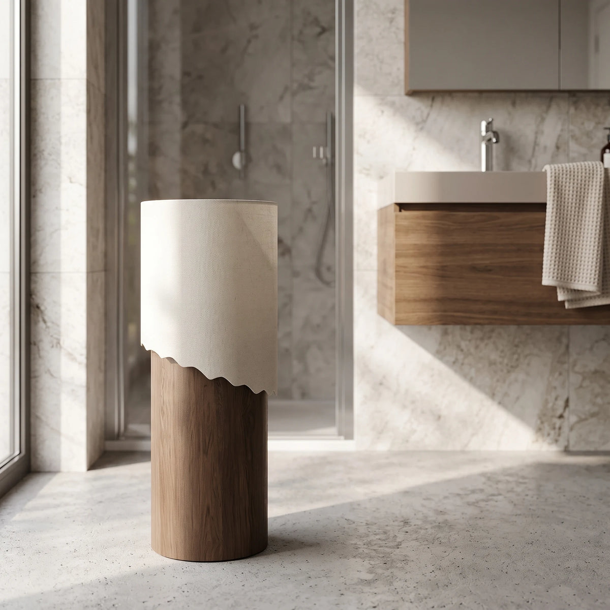 Round Free Standing Artificial Stone Basin c/w Waste - Beige and Brown in a room setting
