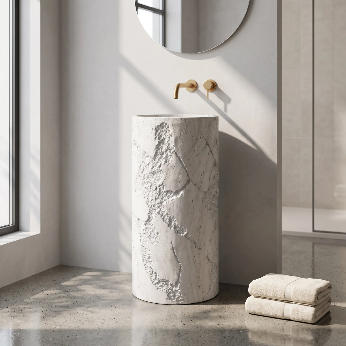 Round Free Standing Artificial Stone Basin c/w Waste - Beige in a room setting