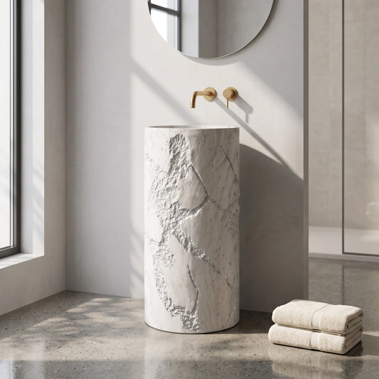 Round Free Standing Artificial Stone Basin c/w Waste - Beige in a room setting
