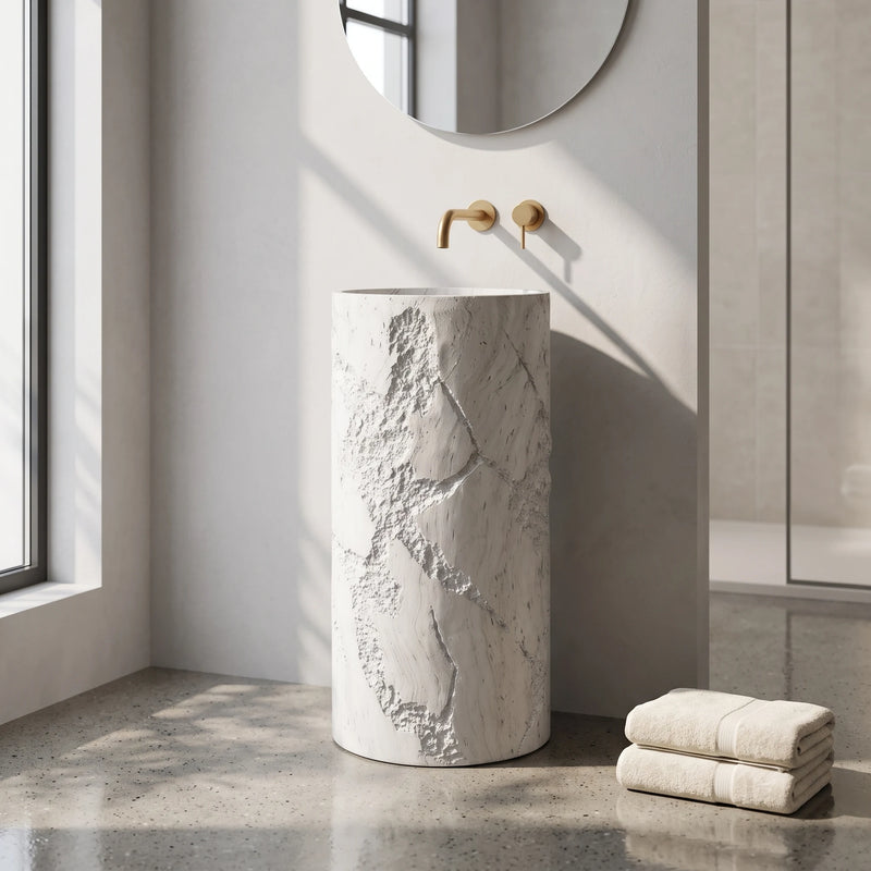 Round Free Standing Artificial Stone Basin c/w Waste - Beige in a room setting