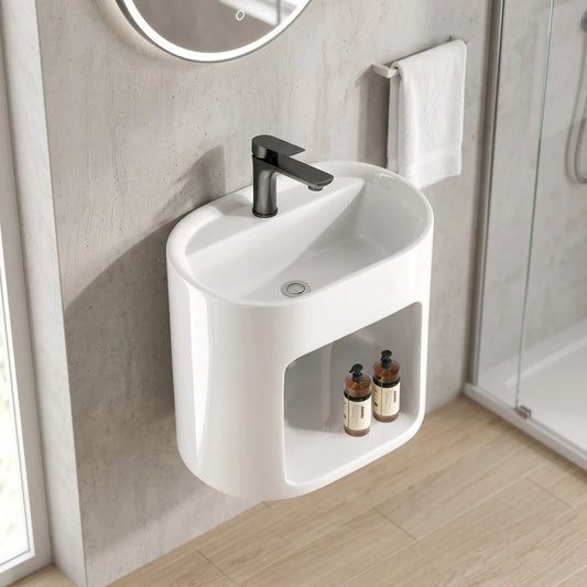 Oval Wall Hung Wash Basin - White in a room setting