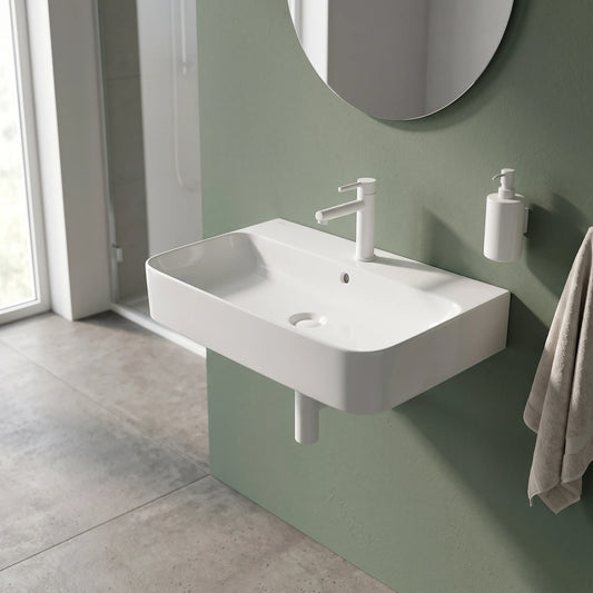 Rectangular Wall Hung Wash Basin - White in a room setting
