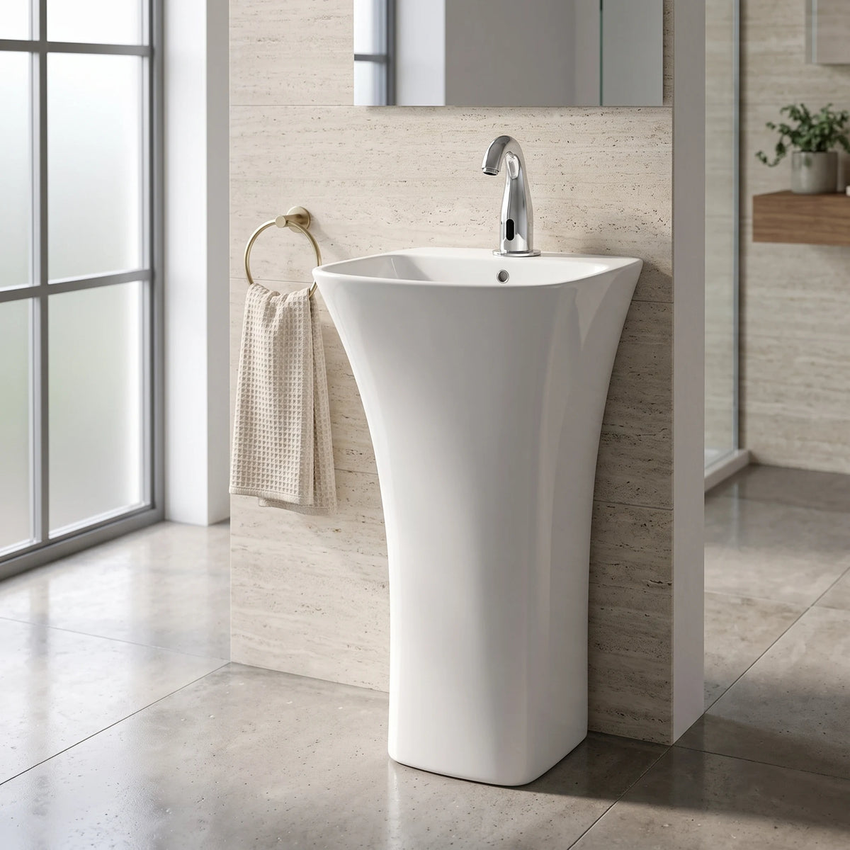 Square Free Standing Wash Basin - White in a room setting