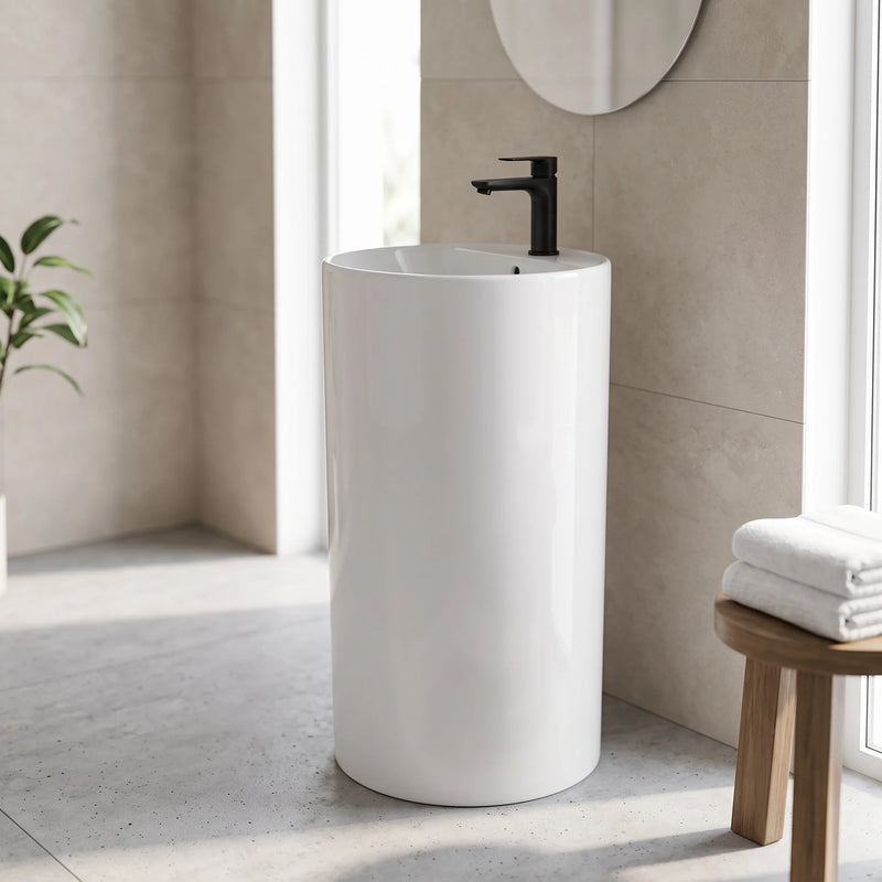 Round Free Standing Wash Basin - White in a room setting