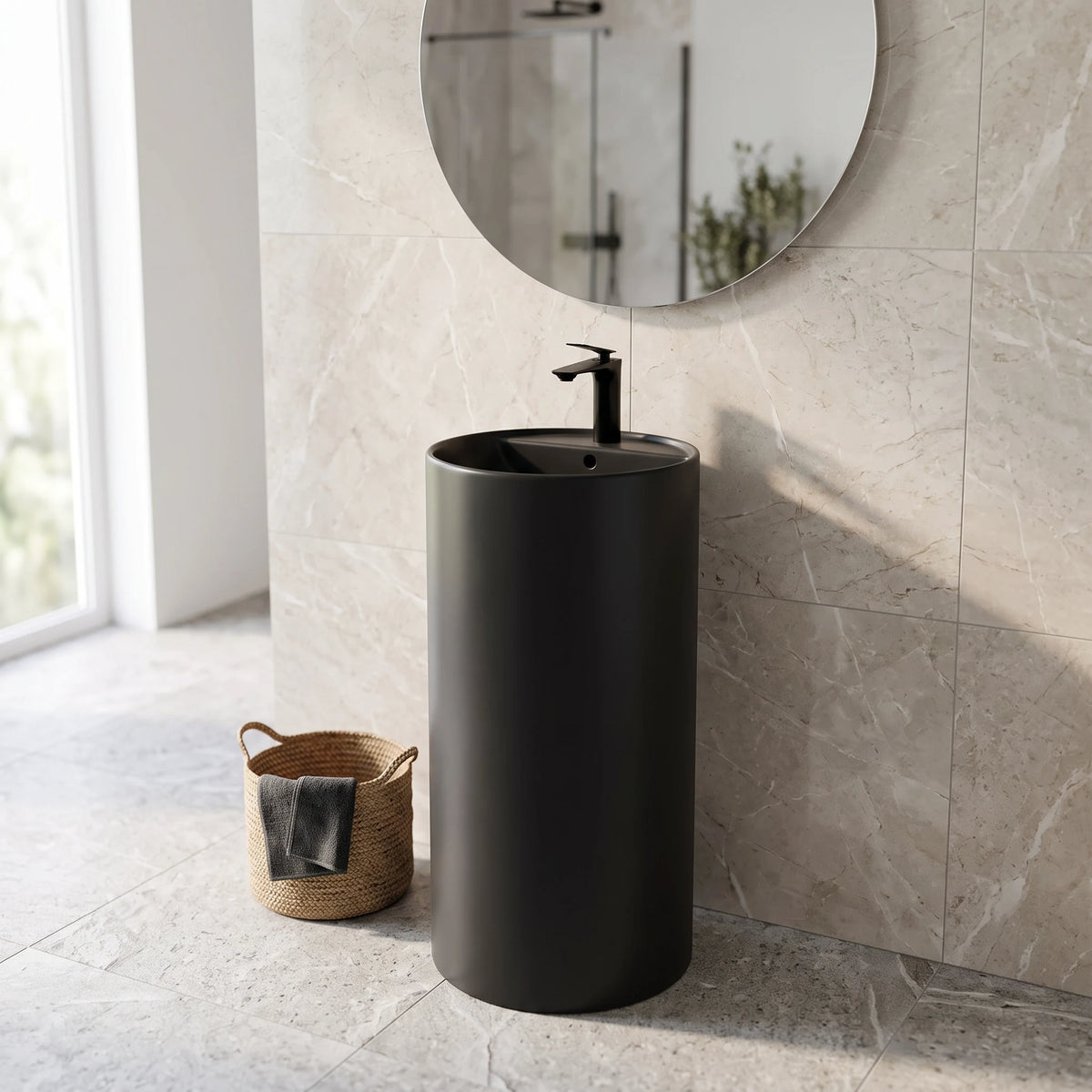 Round Free Standing Wash Basin - Matt Black in a room setting