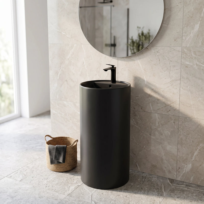 Round Free Standing Wash Basin - Matt Black in a room setting