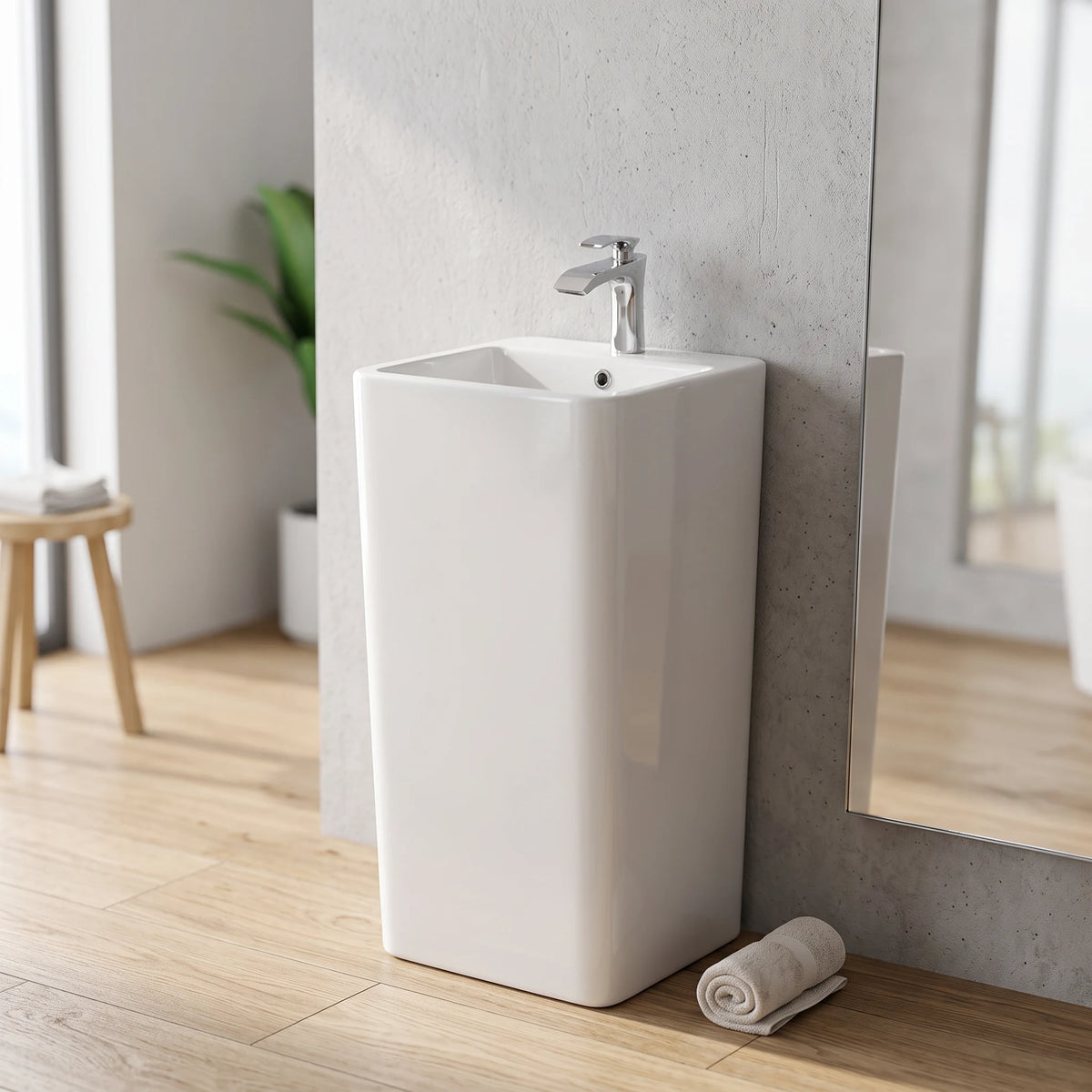 Square Free Standing Wash Basin - White in a room setting