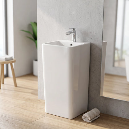 Square Free Standing Wash Basin - White in a room setting