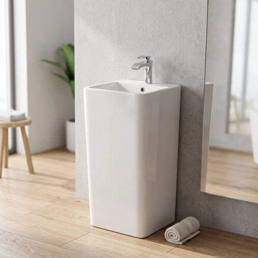 Square Free Standing Wash Basin - White in a room setting