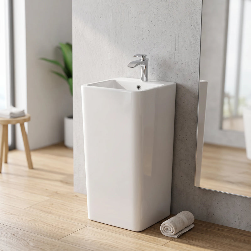 Square Free Standing Wash Basin - White in a room setting