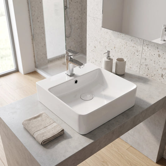 Square Above Counter/ Wall Hung Wash Basin c/w Fixing Bolts - White in a room setting