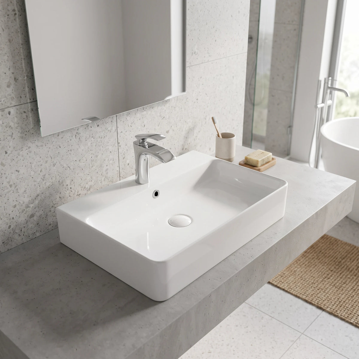 Square Above Counter/ Wall Hung Wash Basin c/w Fixing Bolts - White in a room setting