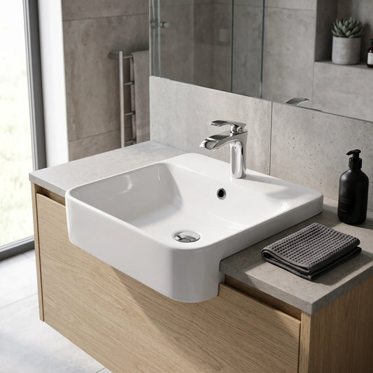 Round Semi-Counter Wash Basin - White in a room setting