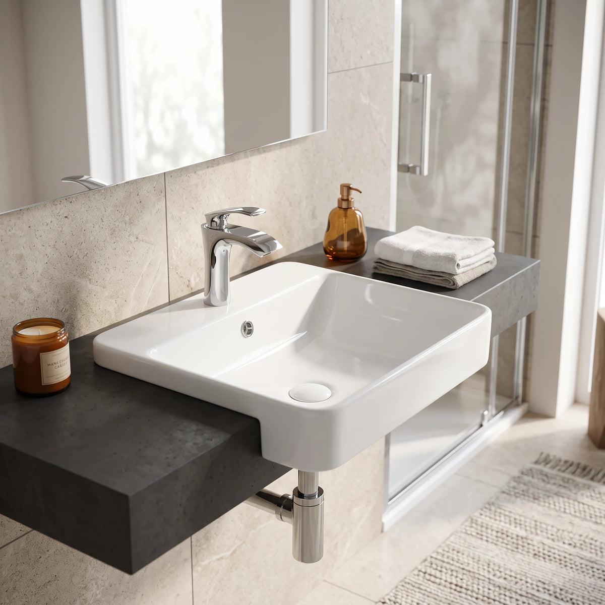 Square Semi-Recessed Wash Basin - White in a room setting