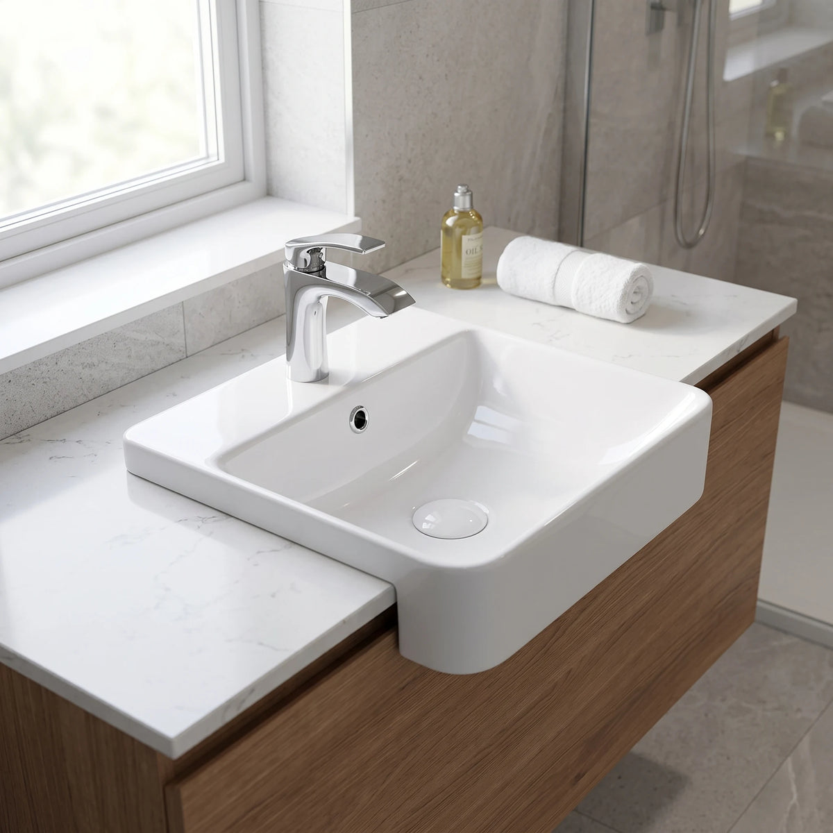 Square Semi-Recessed Wash Basin - White in a room setting