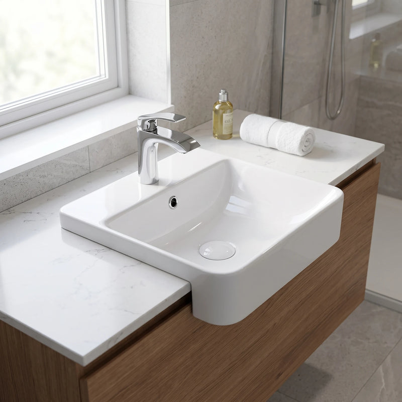 Square Semi-Recessed Wash Basin - White in a room setting