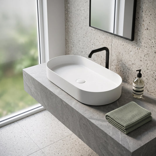 Oval Above Counter Wash Basin - White in a room setting