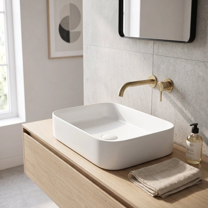Rectangular Above Counter Wash Basin - White in a room setting