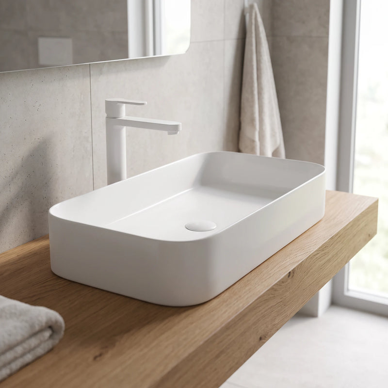 Rectangular Above Counter Wash Basin - White in a room setting