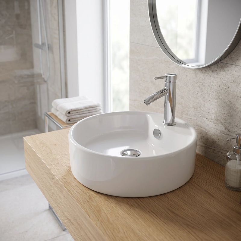 Round Above Counter Wash Basin - White in a room setting