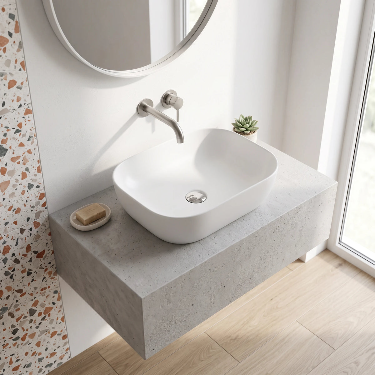 Rectangular Above Counter Wash Basin - White in a room setting