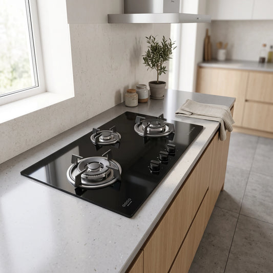 Fujioh Gas Hob (3 Burner) - Black Glass (Toughened Glass) in a room setting