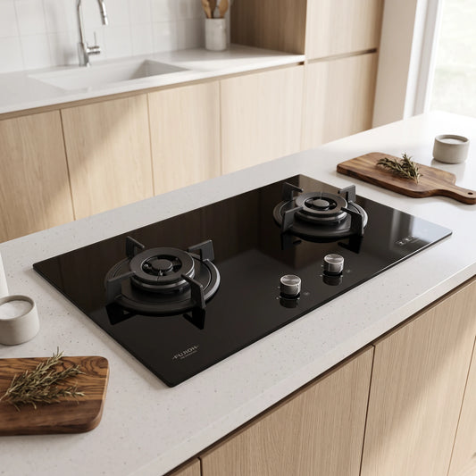 Fujioh Gas Hob (2 Burner) - Black Glass (Toughened Glass) in a room setting