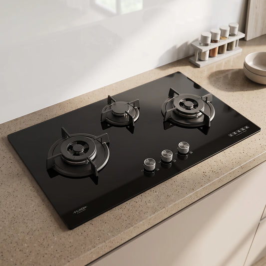 Fujioh Gas Hob (3 Burner) - Black Glass (Toughened Glass) in a room setting