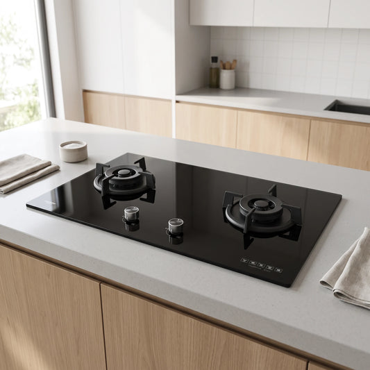 Fujioh Gas Hob (2 Burner) - Black Glass (Toughened Glass) in a room setting