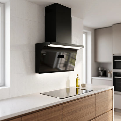 Fujioh L-Shaped Cooker Hood With Oil Repellent Fan in a room setting