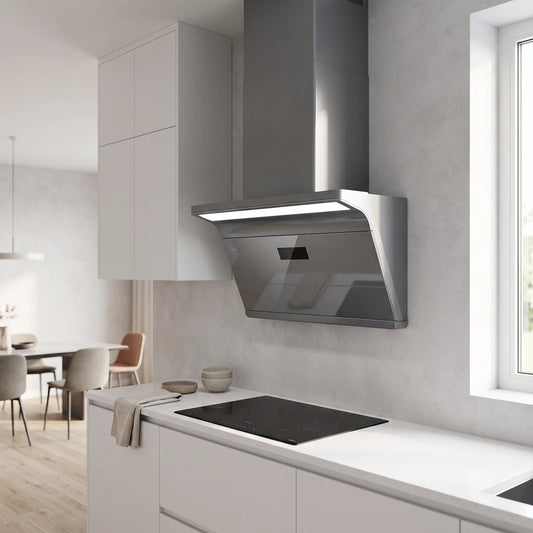 Fujioh L-Shaped Cooker Hood With Oil Repellent Fan in a room setting