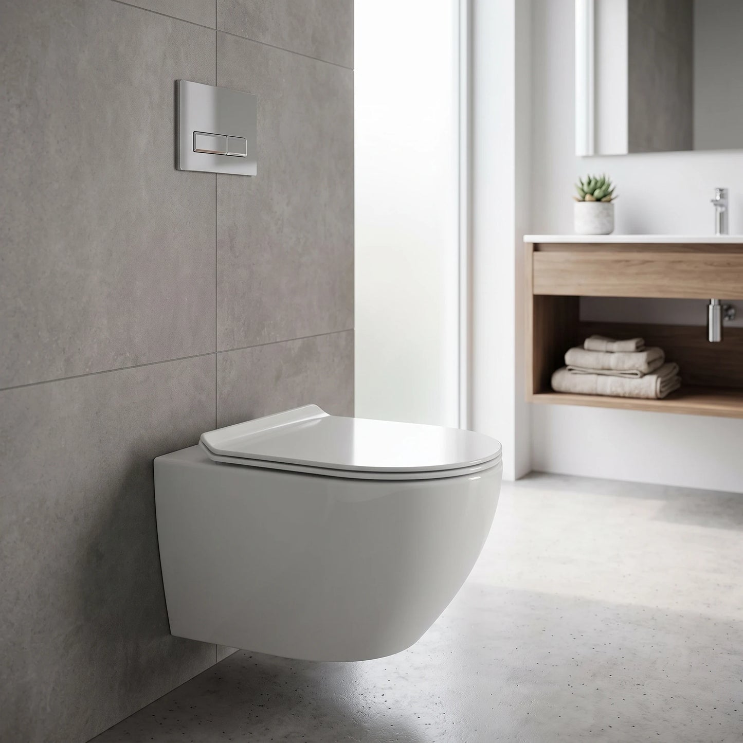 Washdown Spinning Flush Wall Hung WC Complete Set with UF Seat Cover (P-180mm) - White in a room setting