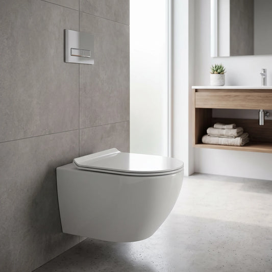 Washdown Spinning Flush Wall Hung WC Complete Set with UF Seat Cover (P-180mm) - White in a room setting