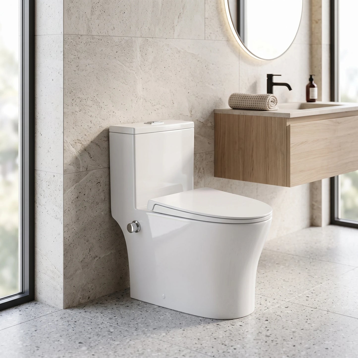 WALDEN Washdown Rimless WC Complete Set c/w Build in Bidet (S-200mm)- white in a room setting