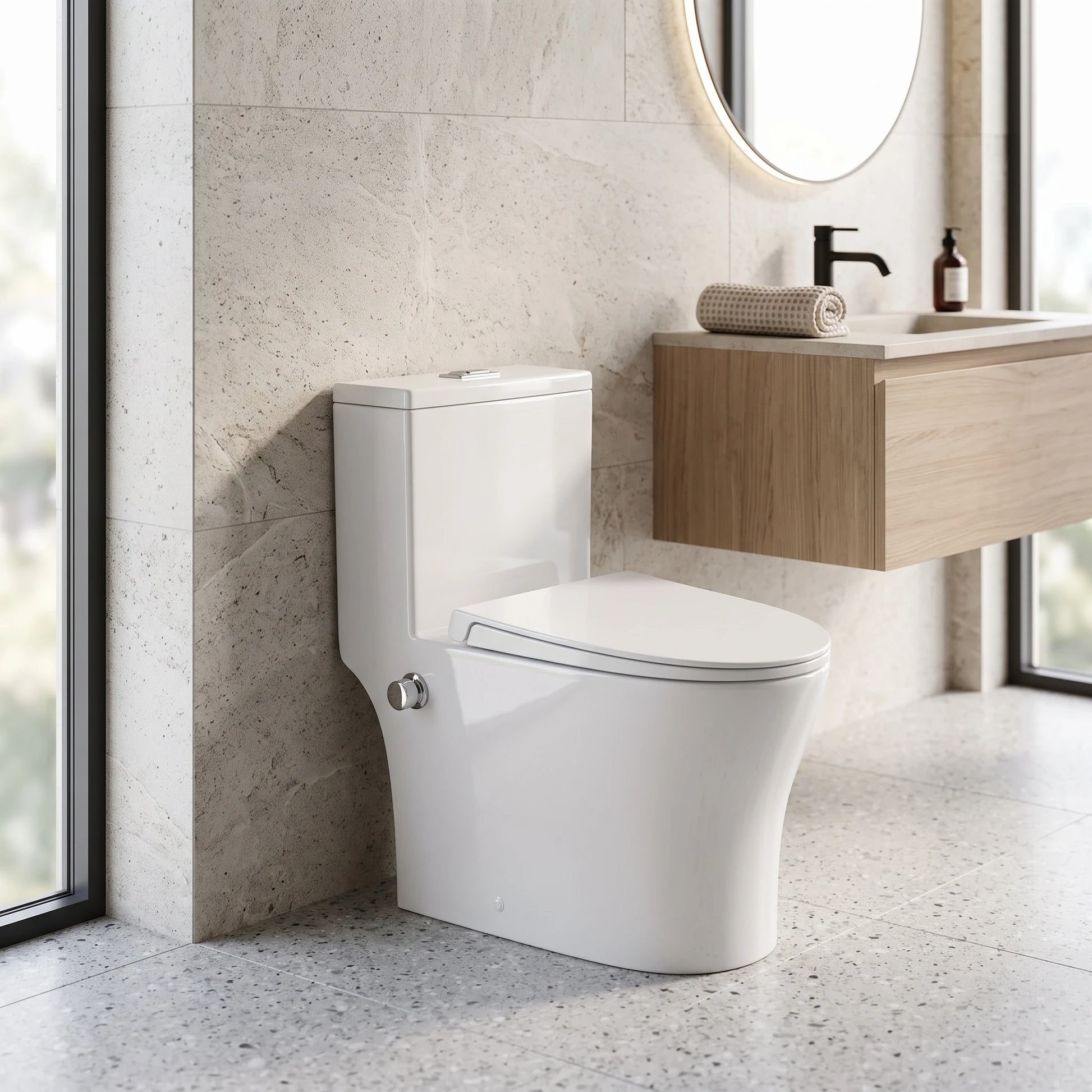 WALDEN Washdown Rimless WC Complete Set c/w Build in Bidet (S-200mm)- white in a room setting