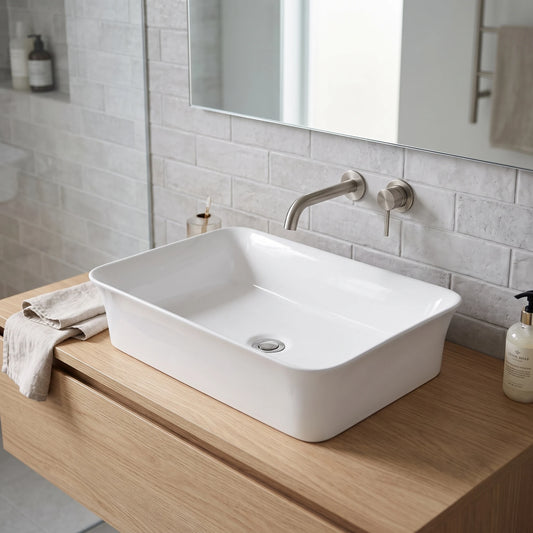 Rectangular Above Counter Wash Basin - White in a room setting