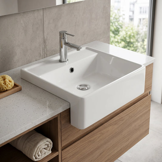 Square Semi-Recessed Wash Basin - White in a room setting