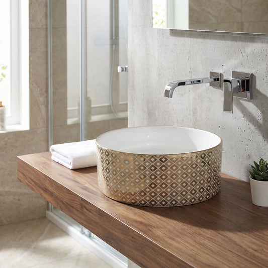 Round Above Counter Wash Basin - Gold in a room setting