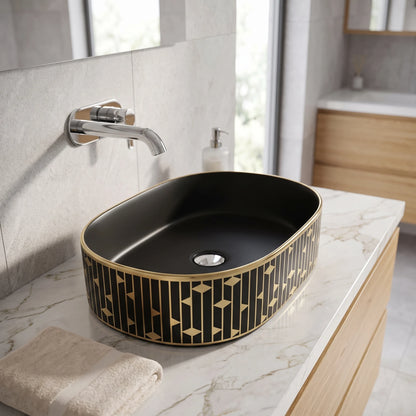 Oval Above Counter Wash Basin - Black & Gold in a room setting