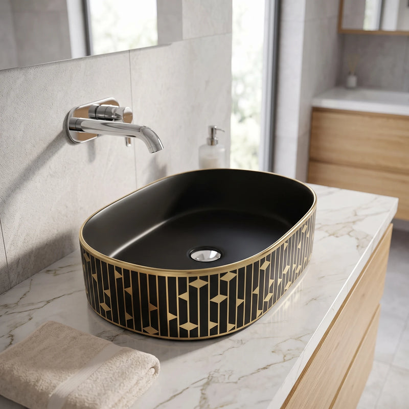 Oval Above Counter Wash Basin - Black & Gold in a room setting