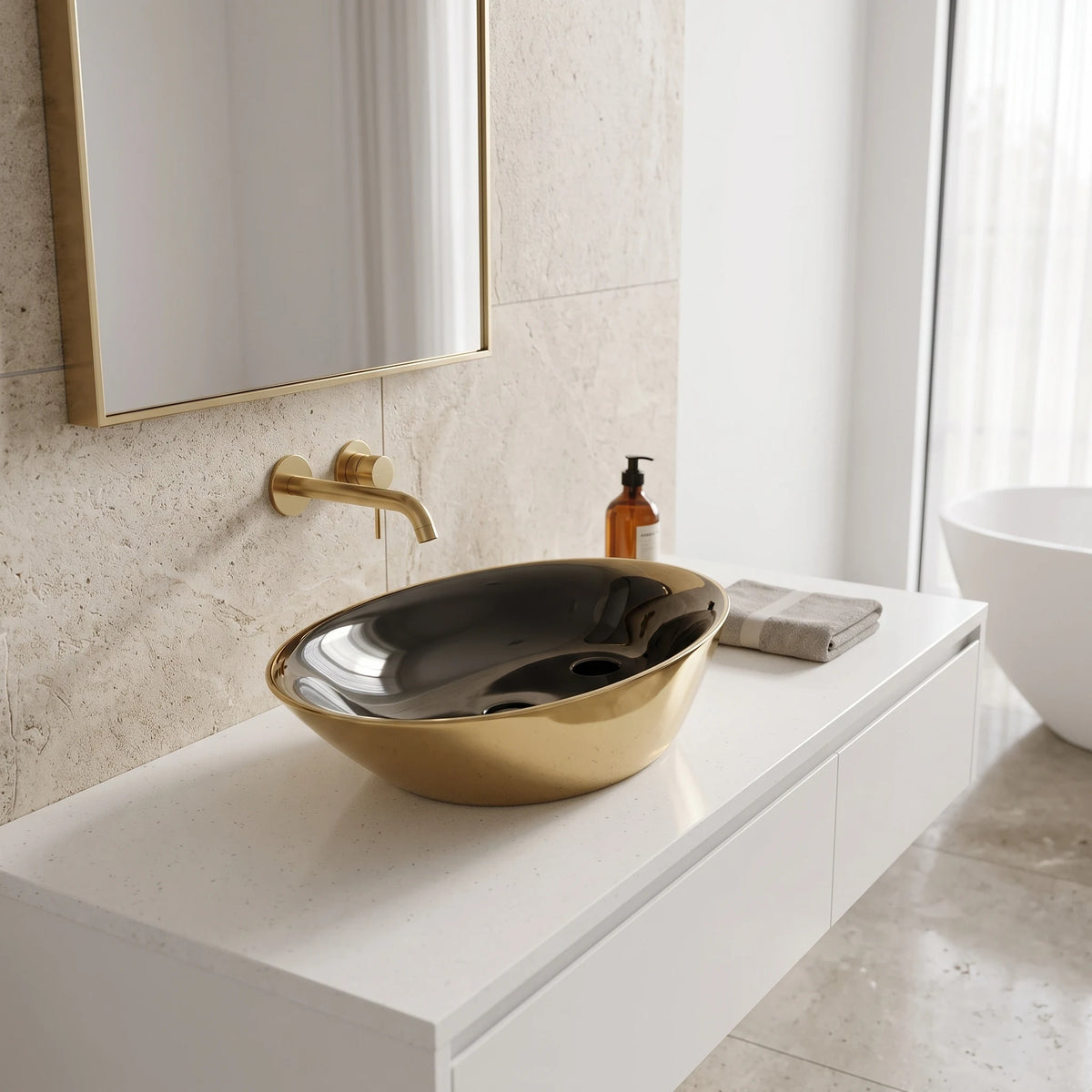 Irregular Above Counter Wash Basin - Gold in a room setting