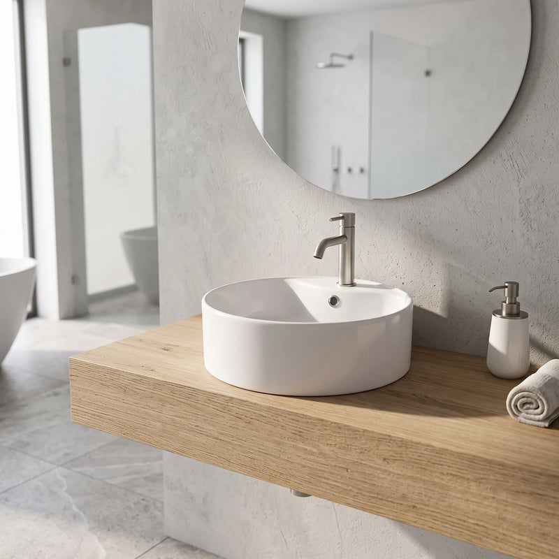 Round Above Counter Wash Basin - White in a room setting