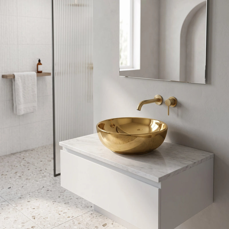 Round Above Counter Wash Basin - Gold in a room setting