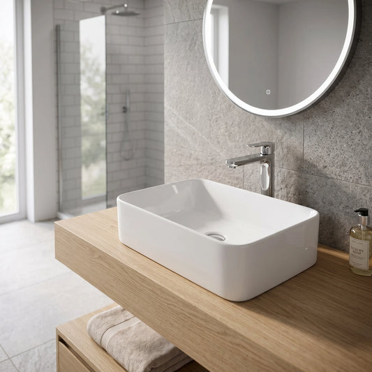 Rectangular Above Counter Wash Basin - White in a room setting