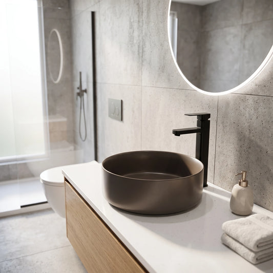 Round Wash Basin With Waste - Dark Brown in a room setting
