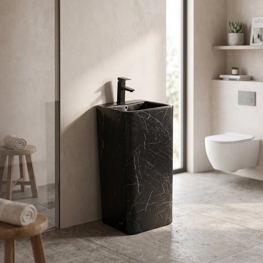 Square Free Standing Wash Basin c/w Waste - Marble Black in a room setting