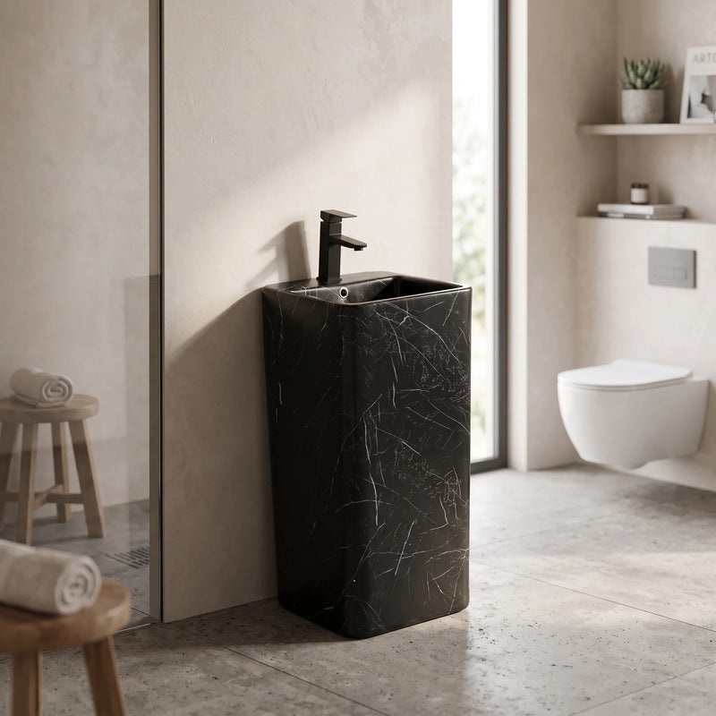 Square Free Standing Wash Basin c/w Waste - Marble Black in a room setting